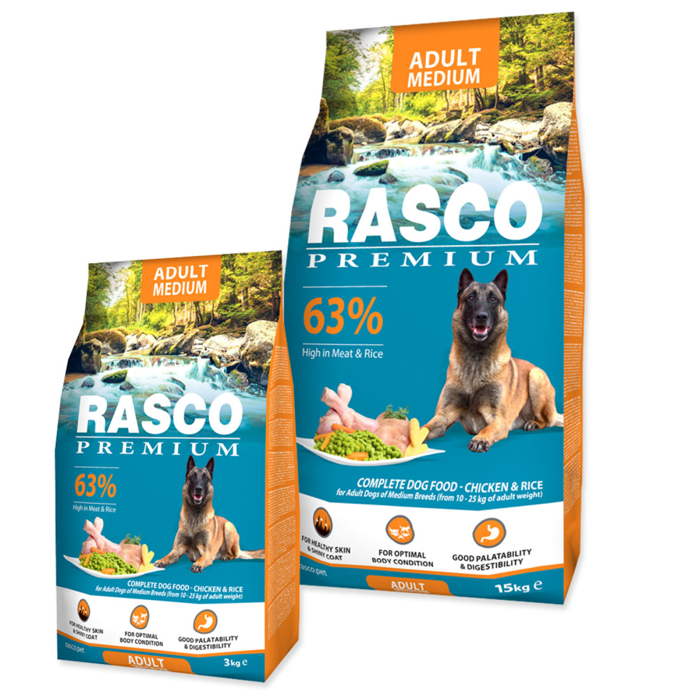 Granule Rasco Premium Adult Medium kuře s rýží 15kg  + Rasco Premium Adult Medium 3kg,