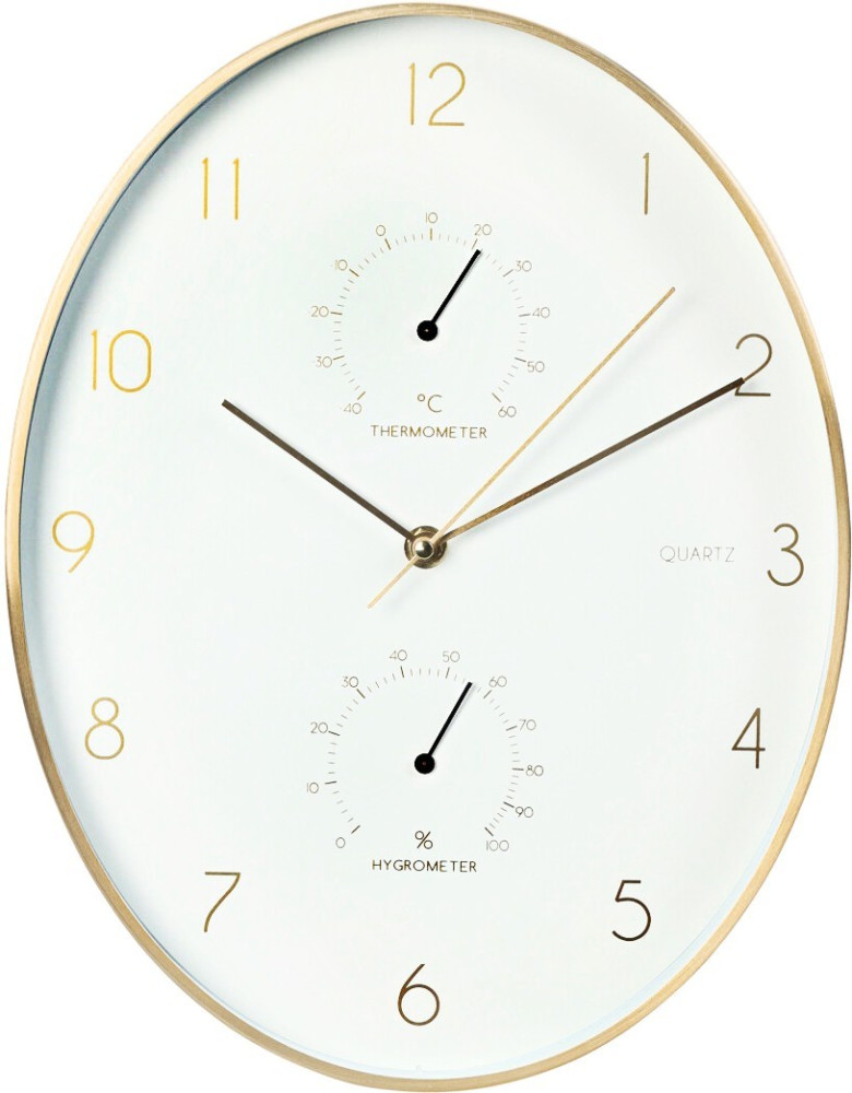 Nástěnné hodiny s teploměrem a vlhkoměrem 34,5 cm zlatý rám KO-837362270